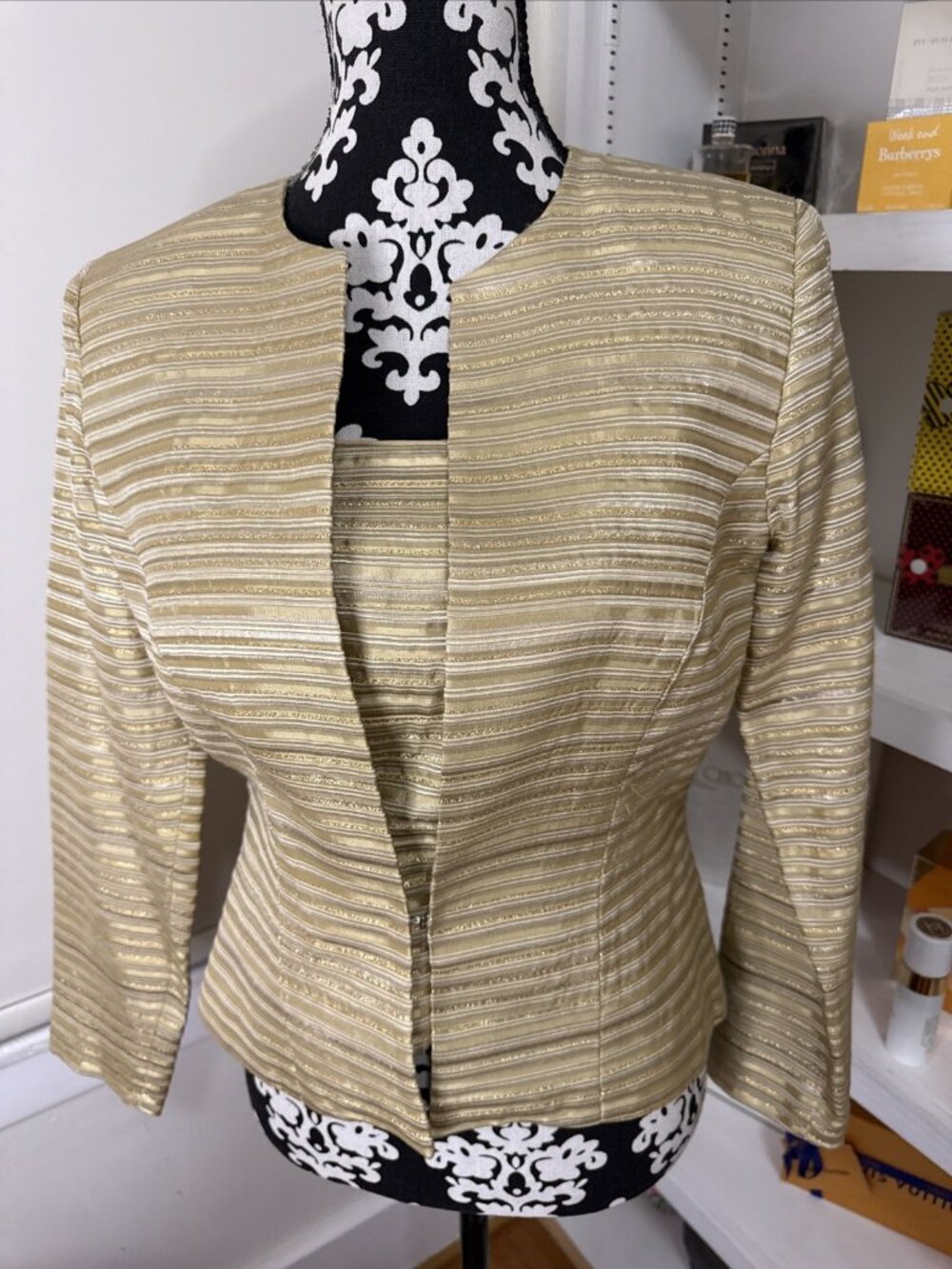 JS Collections made in Canada 2pc Evening Top+Jacket Set Jacquard Gold Stripes 6